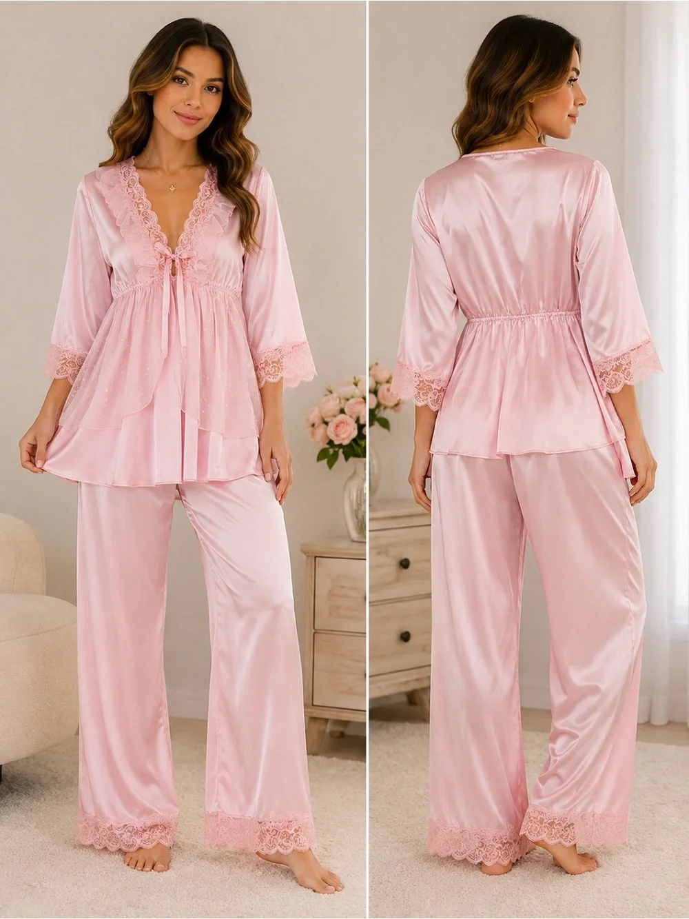 Women's Pink Satin Lace Trim Pajama Set -M